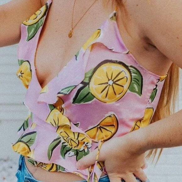 Zara Cropped Wrap Top S Lemon Print Ruffle Summer Blogger Fav Travel Vacation - Picture 2 of 15